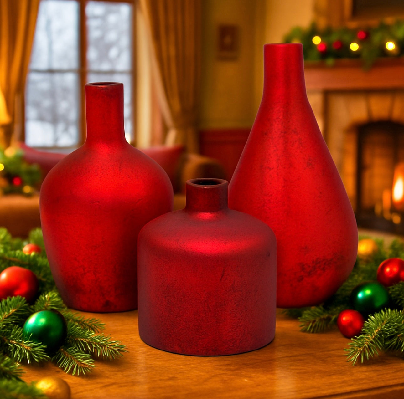 Set of 3 Red Glass Bottles