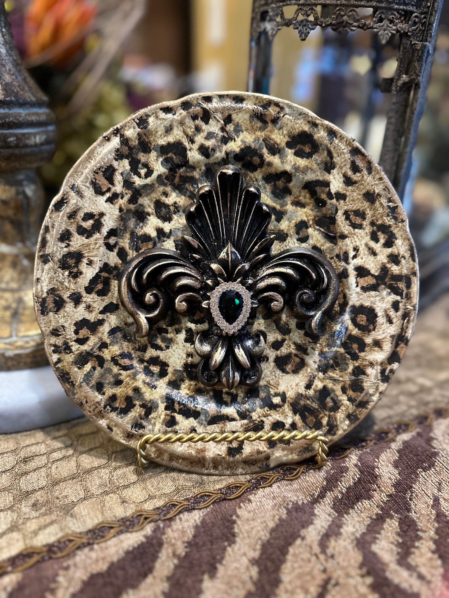 Michelle Butler Leopard Decorative Plate with Jeweled Fleur de Lis