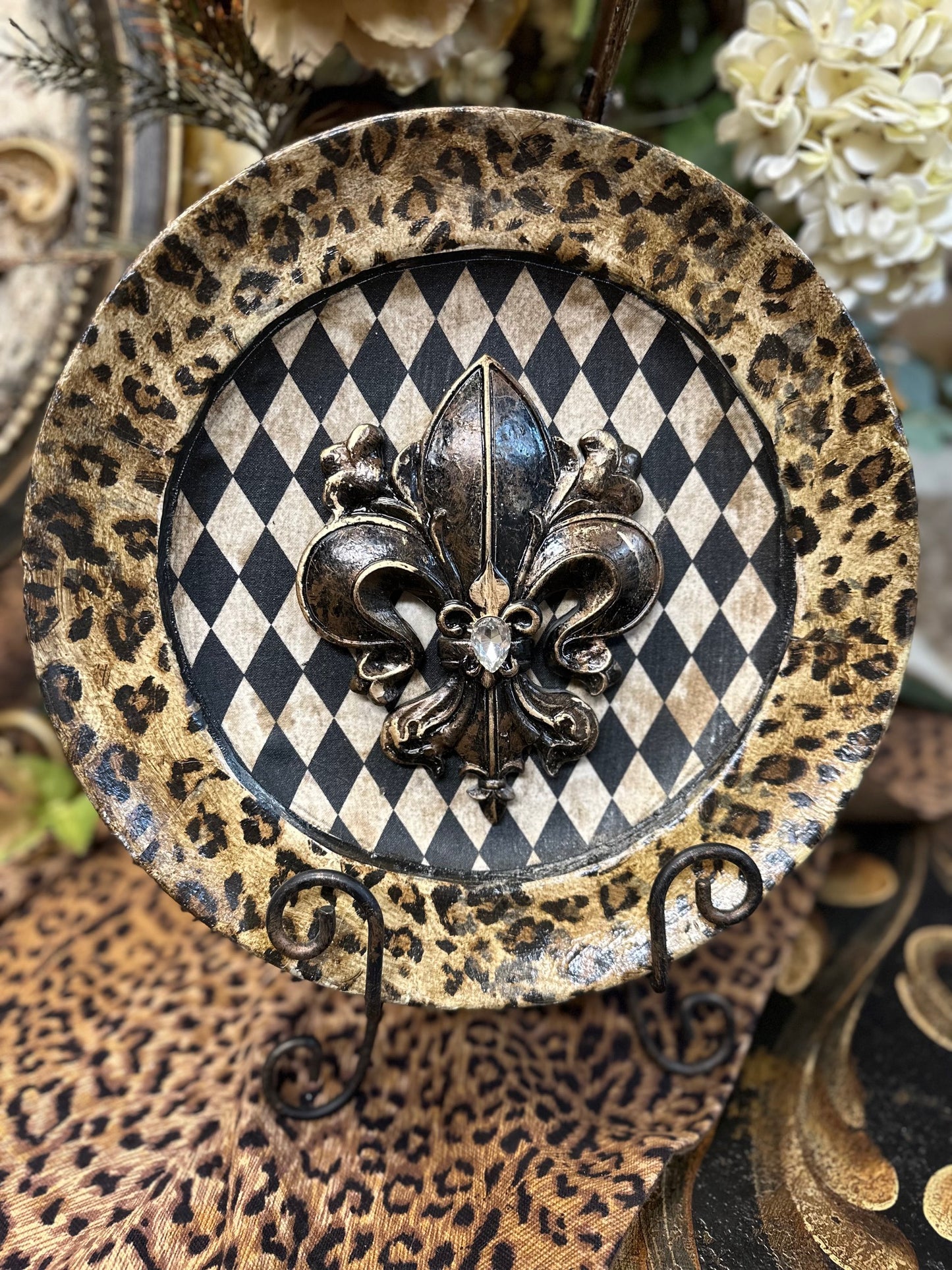 Michelle Butler Harlequin and Leopard Decorative Plate with Fleur de Lis