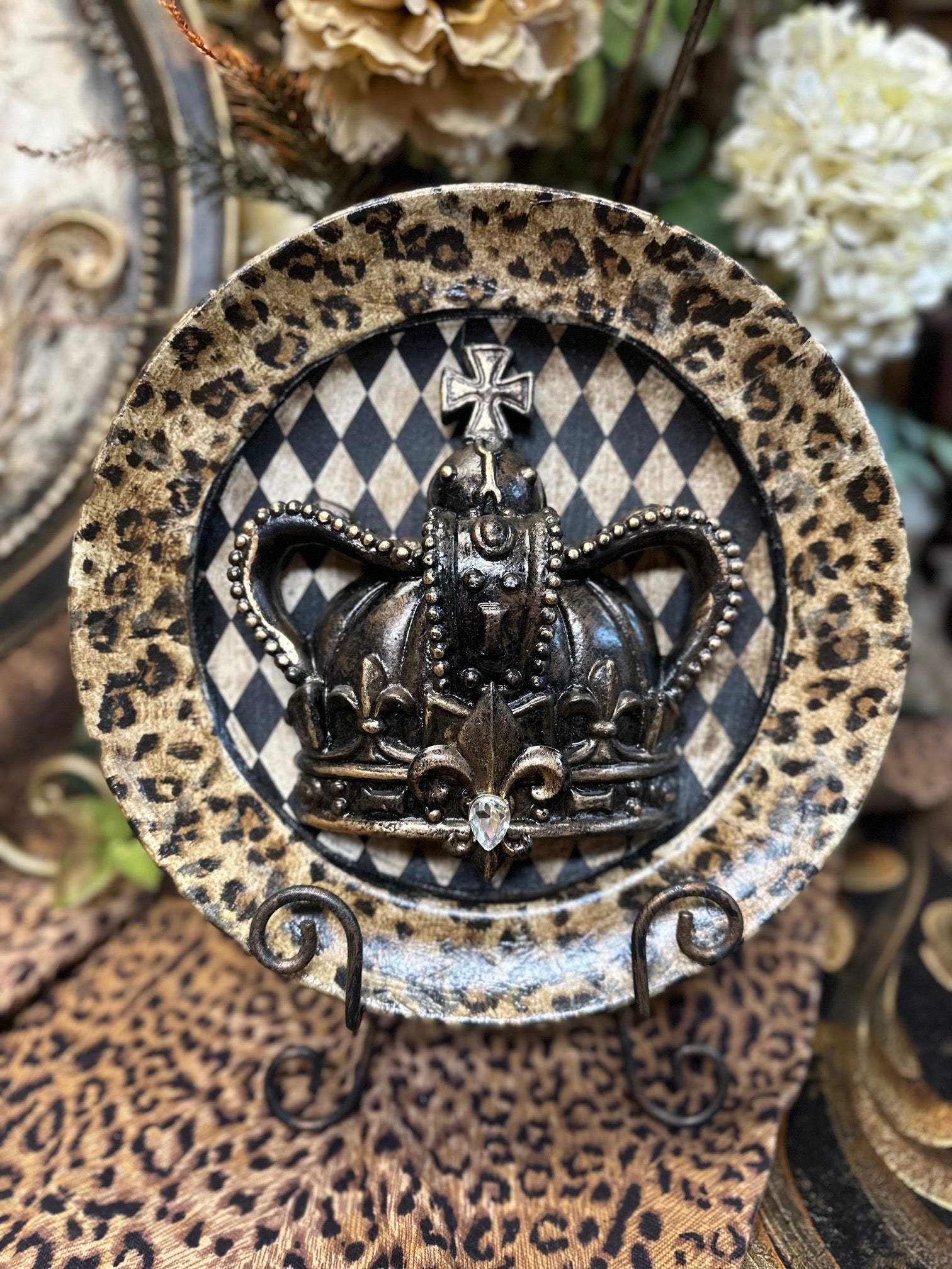 Michelle Butler Harlequin and Leopard Decorative Plate with Crown