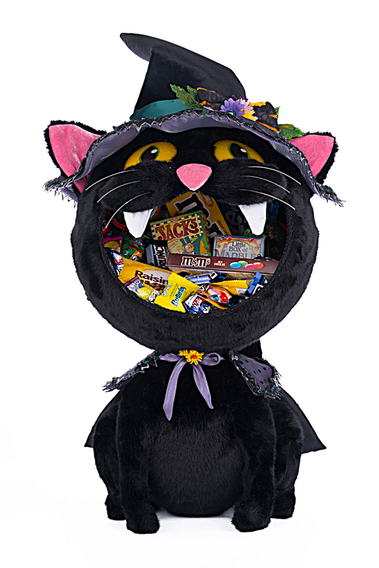 Black cat-shaped Halloween candy holder with colorful treats inside on a white background