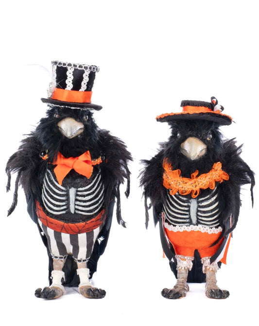 Two Halloween-themed birds with black and orange attire on a white background