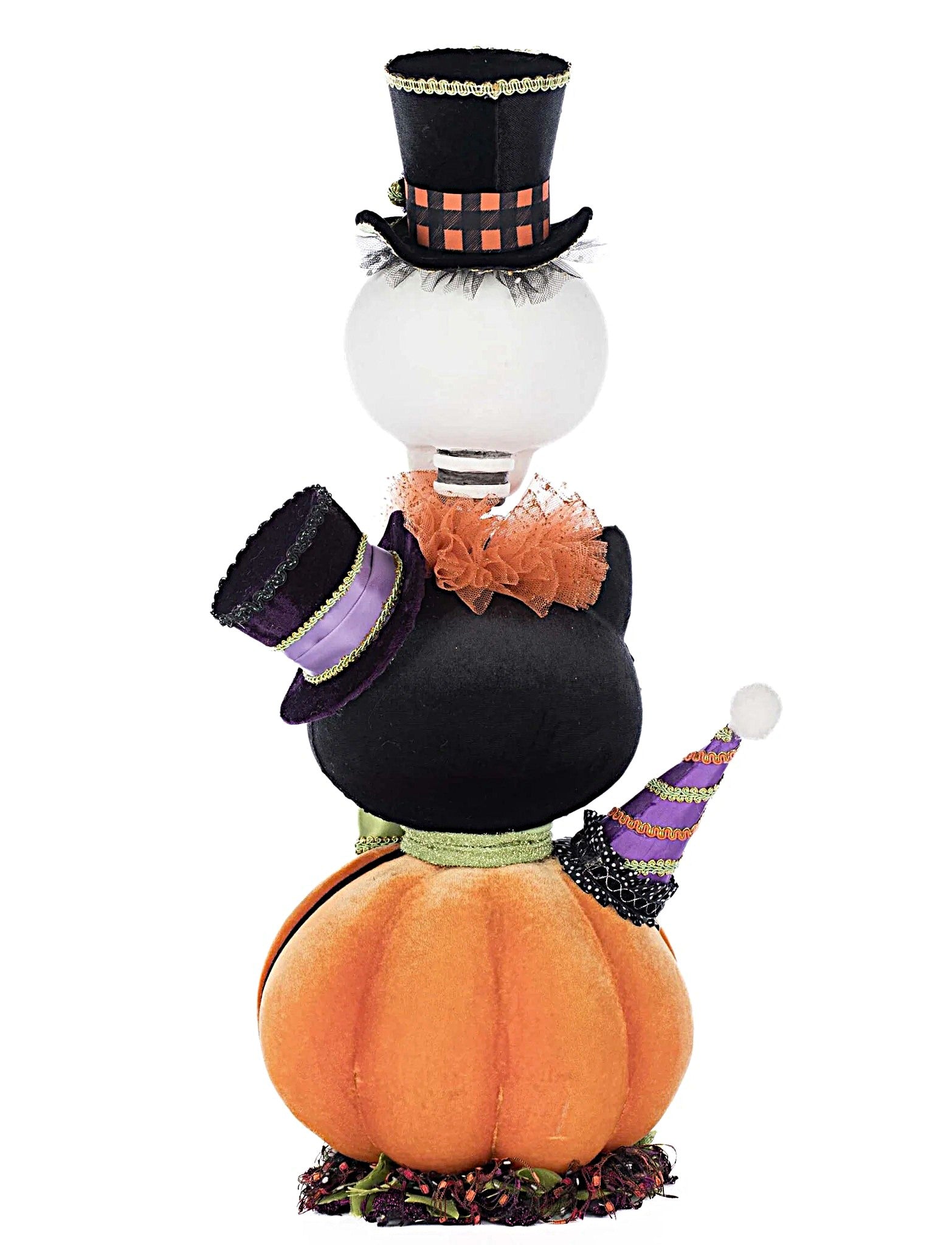 Halloween-themed decoration with a light bulb, pumpkins, and hats on a white background