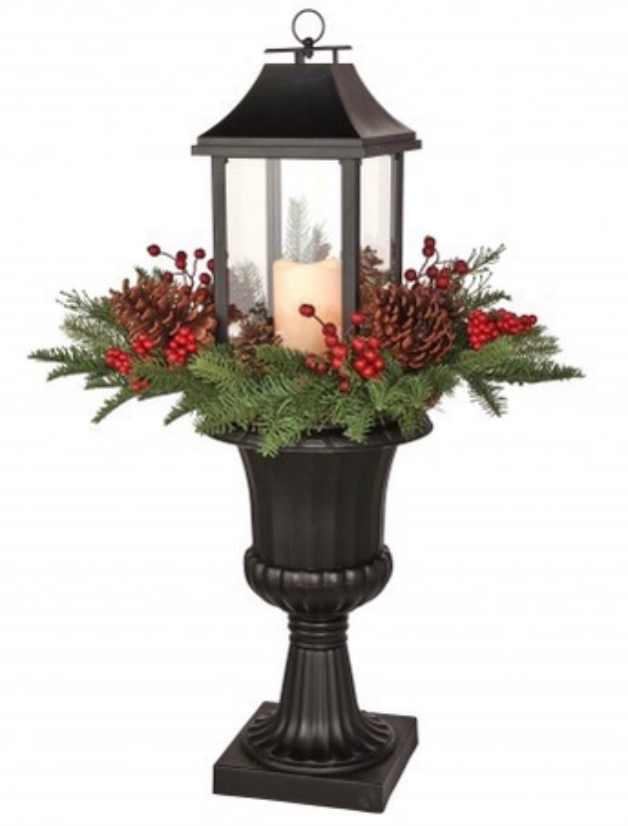 Lantern in Urn with Pine Berry Cone florals