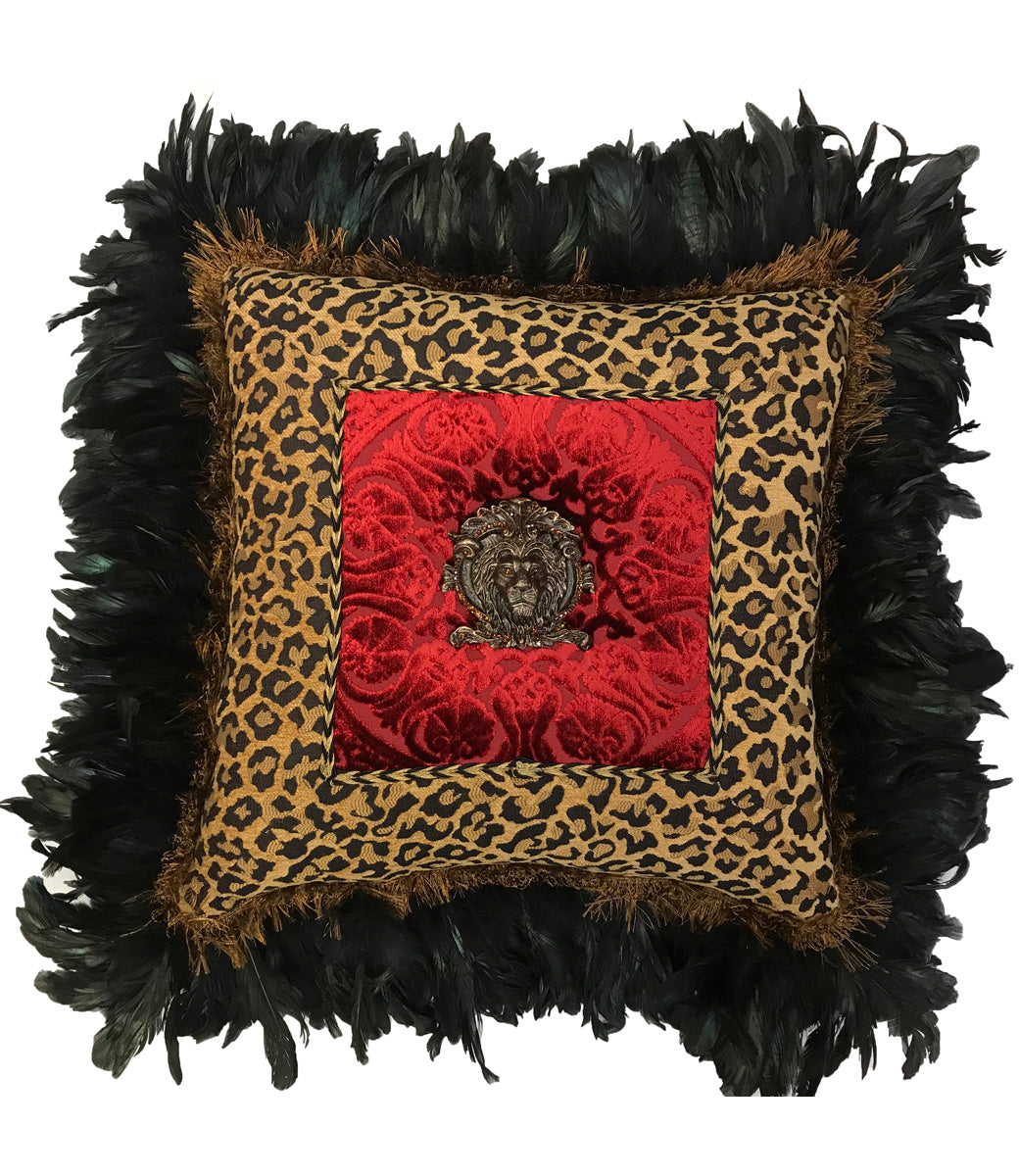 Designer Ruffled Leopard Accent Pillow with Jeweled Lion Medallion and Feathers