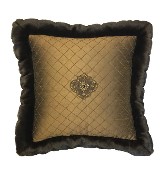 Chocolate Brown Embroidered Silk And Faux Mink Flanged Square Accent Pillow