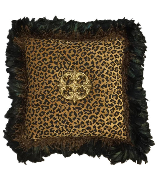 Leopard Chenille Square Accent Pillow With Feathers And Jeweled Medallion 21X21