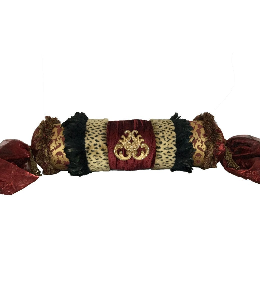 Decorative Bolster Pillow Burgundy Gold With Feathers 30X8