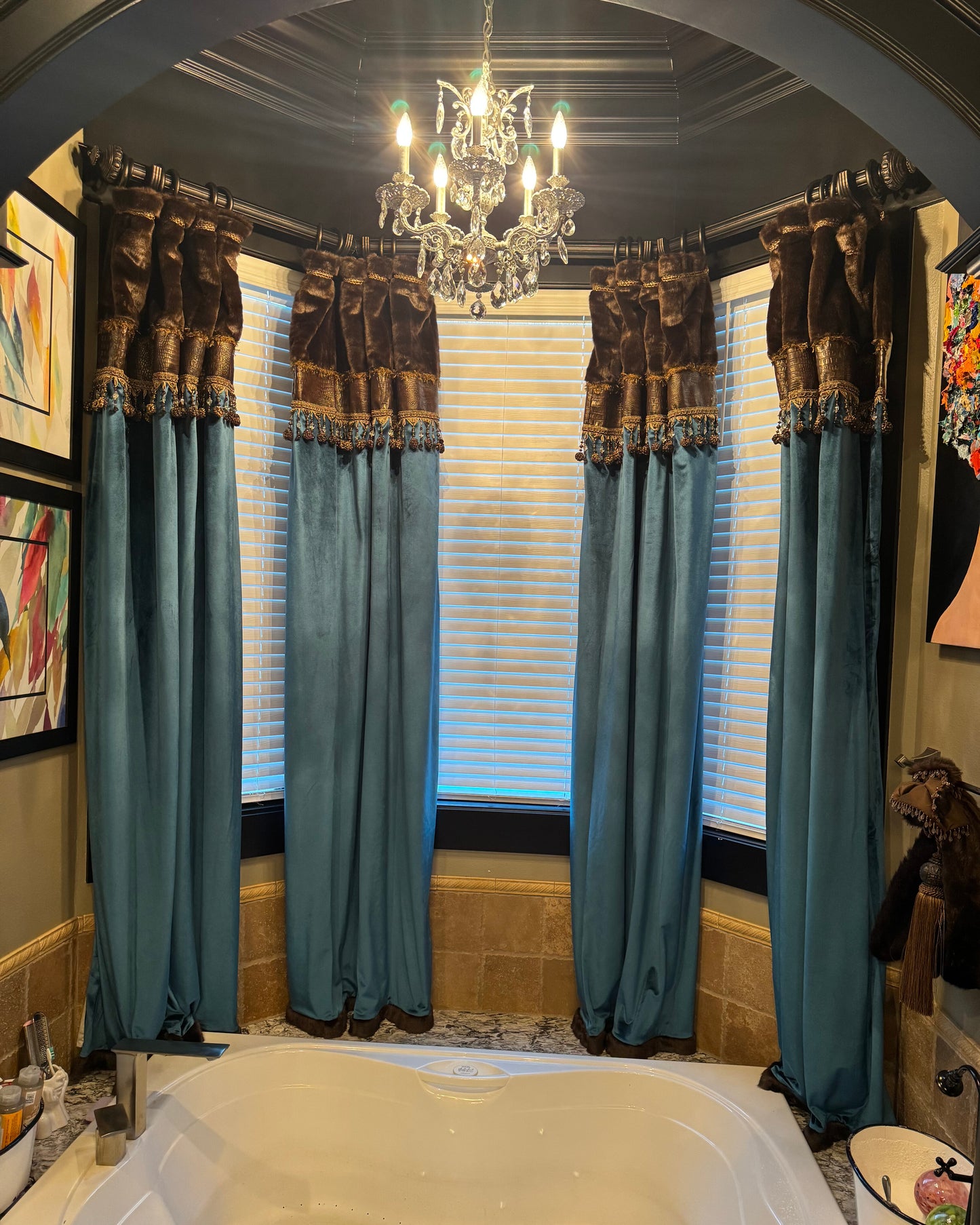 Decorative Curtain Panel Style #7 Chocolate Brown And Turquoise Velvet Window Treatment