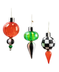 MacKenzie-Childs Red Green and Courtly Check Glass Drop Ornaments