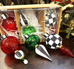 MacKenzie-Childs Red Green and Courtly Check Glass Drop Ornaments