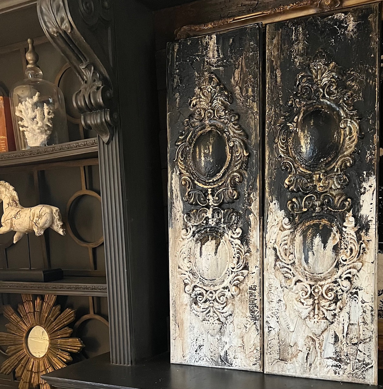 Michelle Butler Set of Two Charcoal and Antique Cream Medallion Wall Plaques