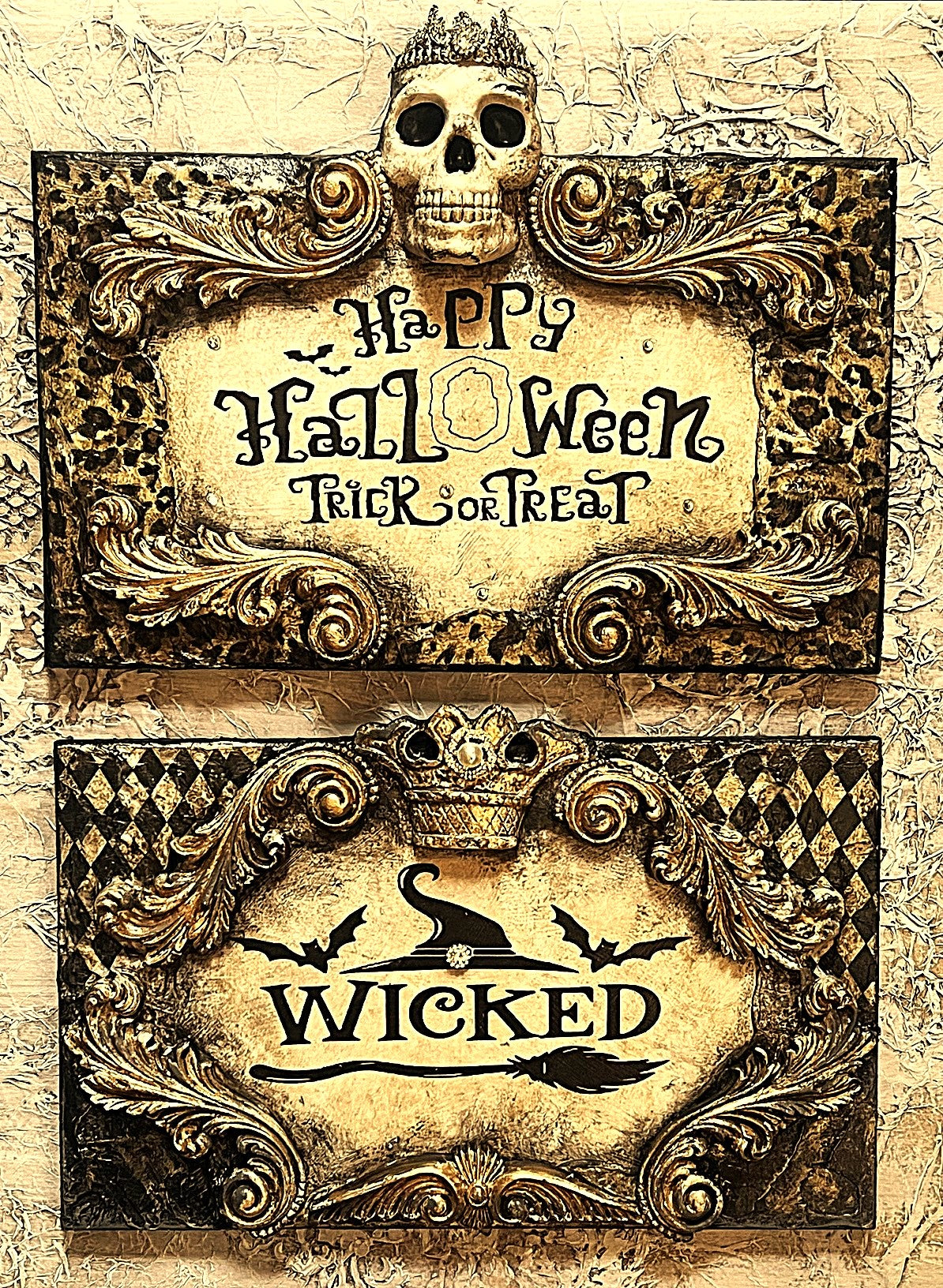 Michelle Butler Happy Halloween Leopard Skull and Wicked Harlequin Plaques