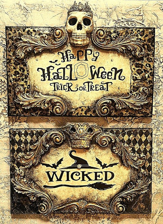 Michelle Butler Happy Halloween Leopard Skull and Wicked Harlequin Plaques