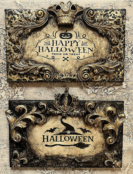Michelle Butler Happy Halloween Leopard Crown and Wicked Fleur de Lis Plaques
