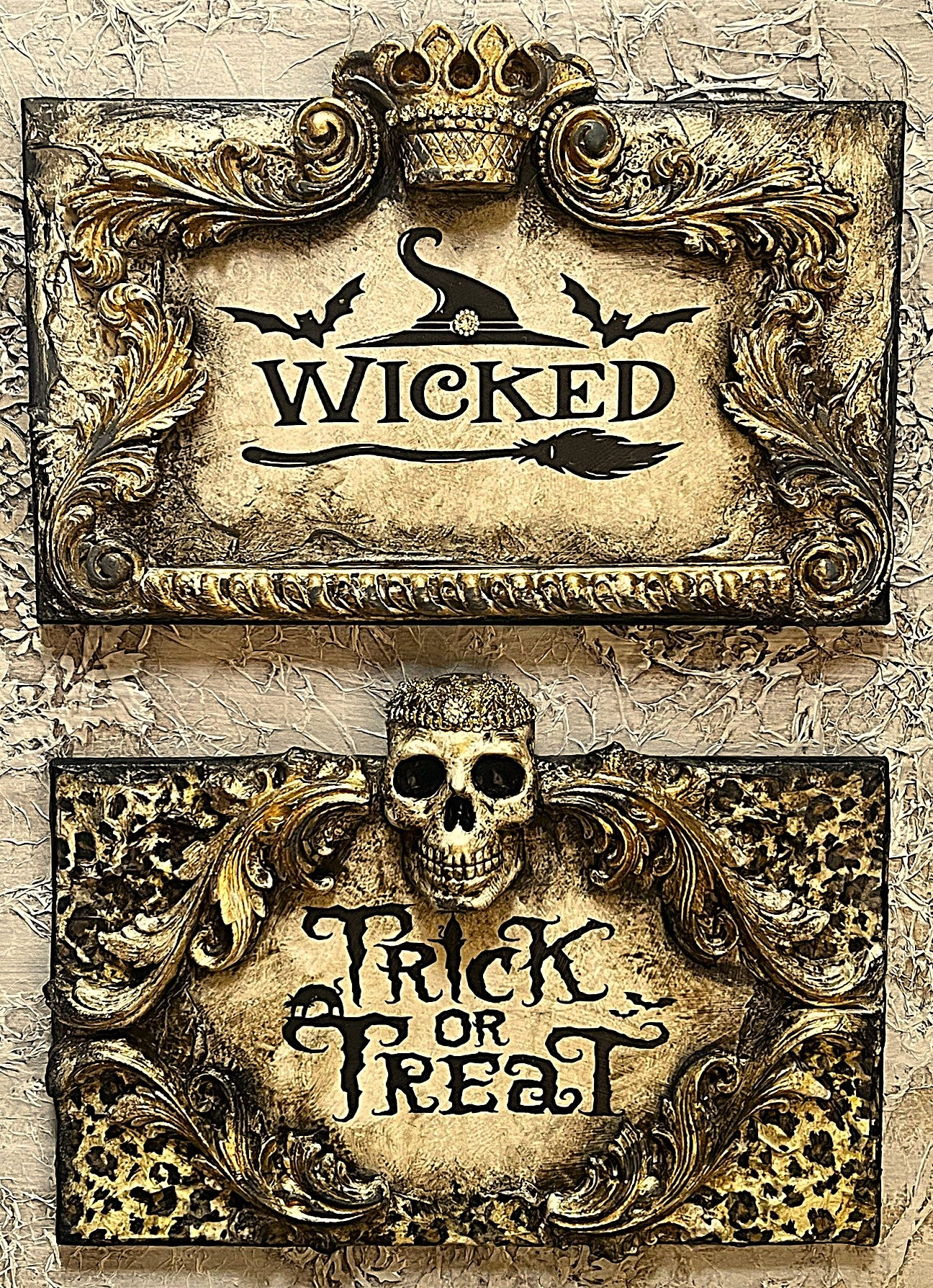 Michelle Butler Wicked Crown and Tick or Treat Leopard Halloween Plaques