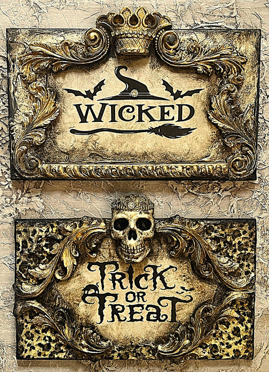 Michelle Butler Wicked Crown and Tick or Treat Leopard Halloween Plaques