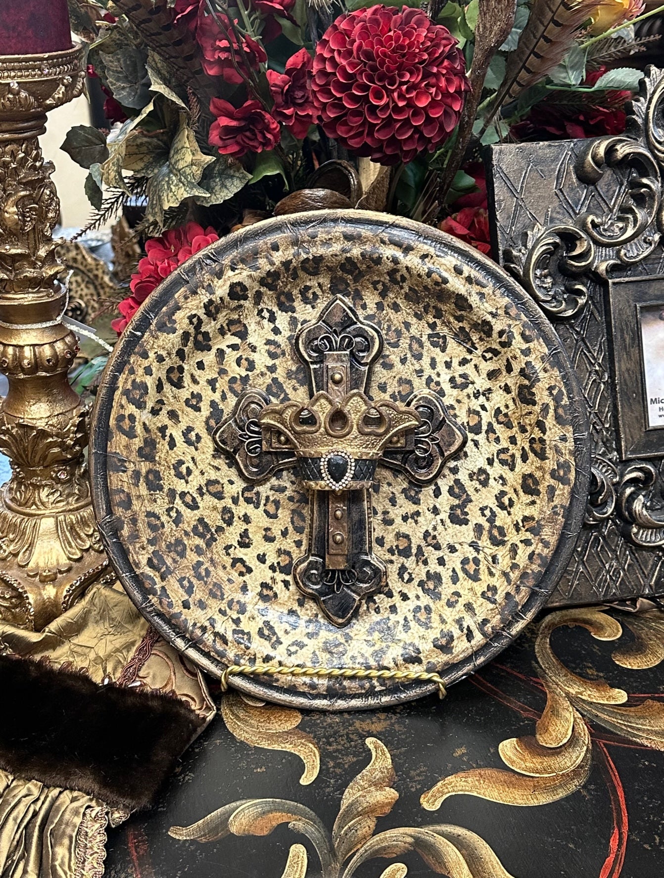 Michelle Butler Leopard Decorative Plate with Cross and Crown