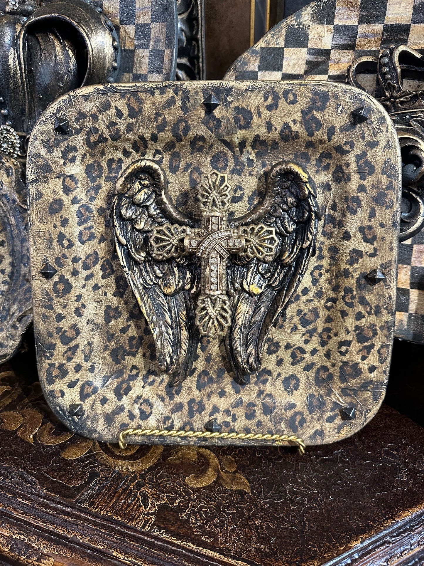 Michelle Butler Leopard Decorative Plate with Angel Wings and Cross Limited