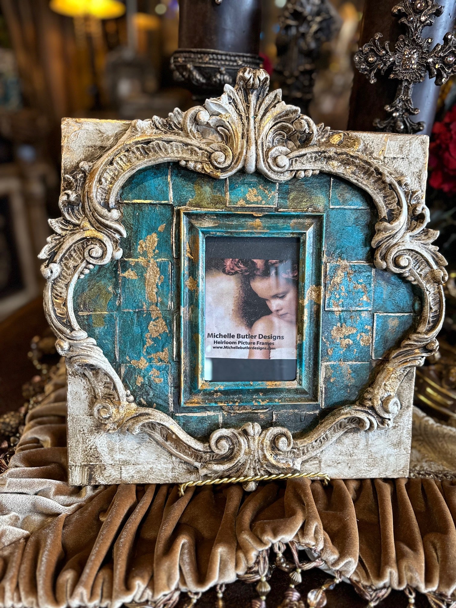 Michelle Butler Tabletop Frame with Scroll Turquoise Finish