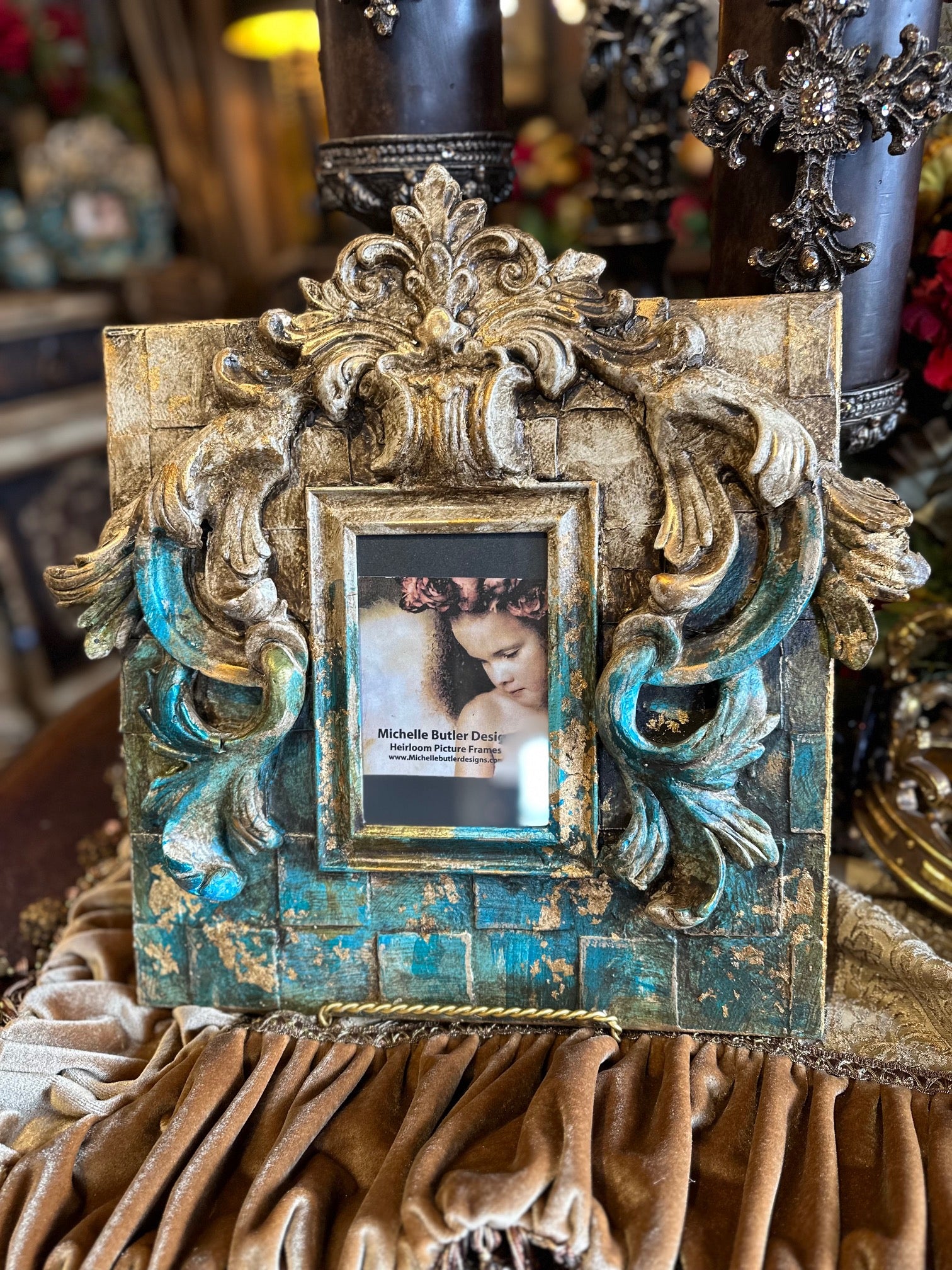 Michelle Butler Tabletop Frame with Scroll Turquoise Finish