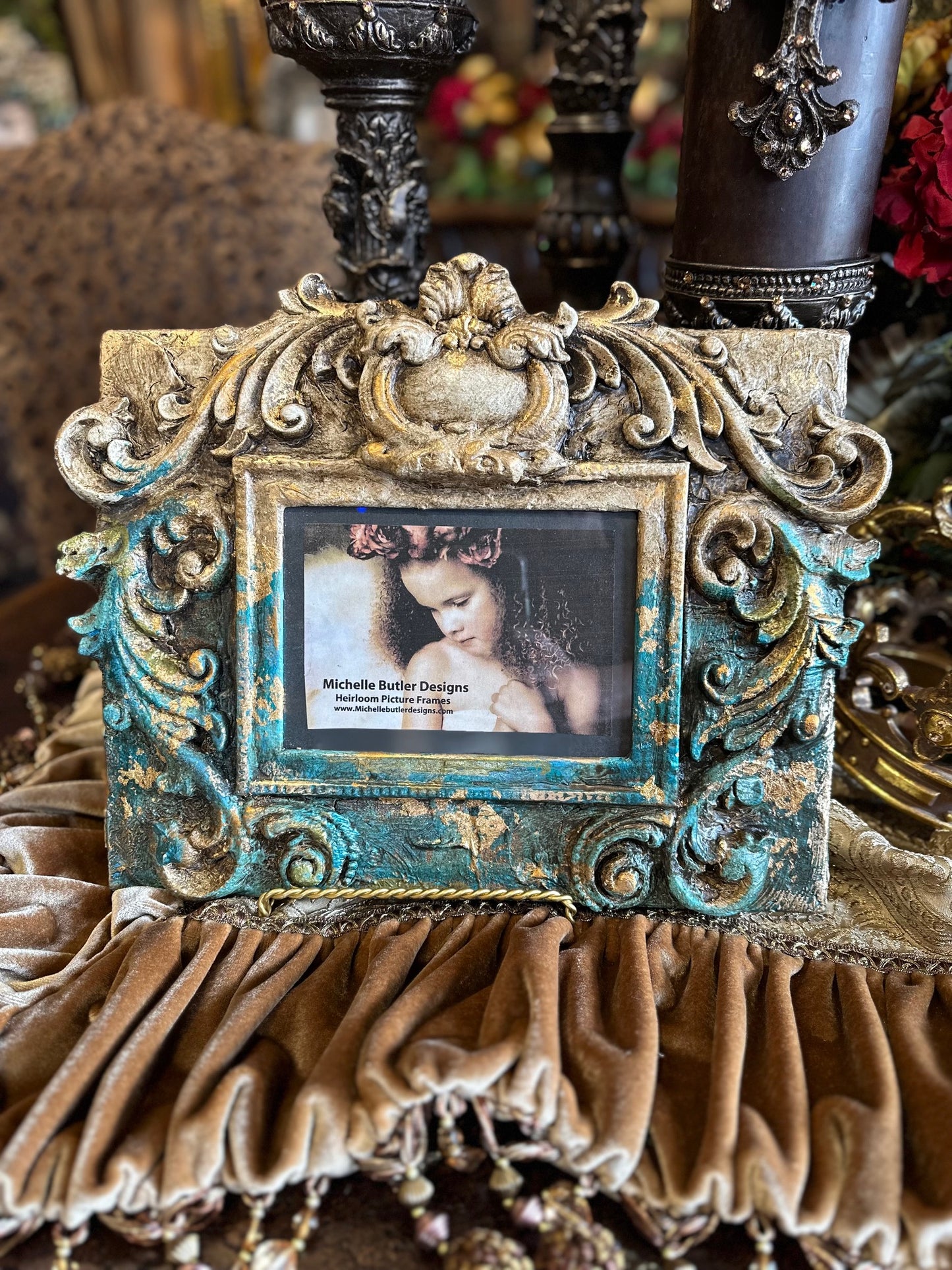 Michelle Butler Tabletop Frame with Scroll Turquoise Finish