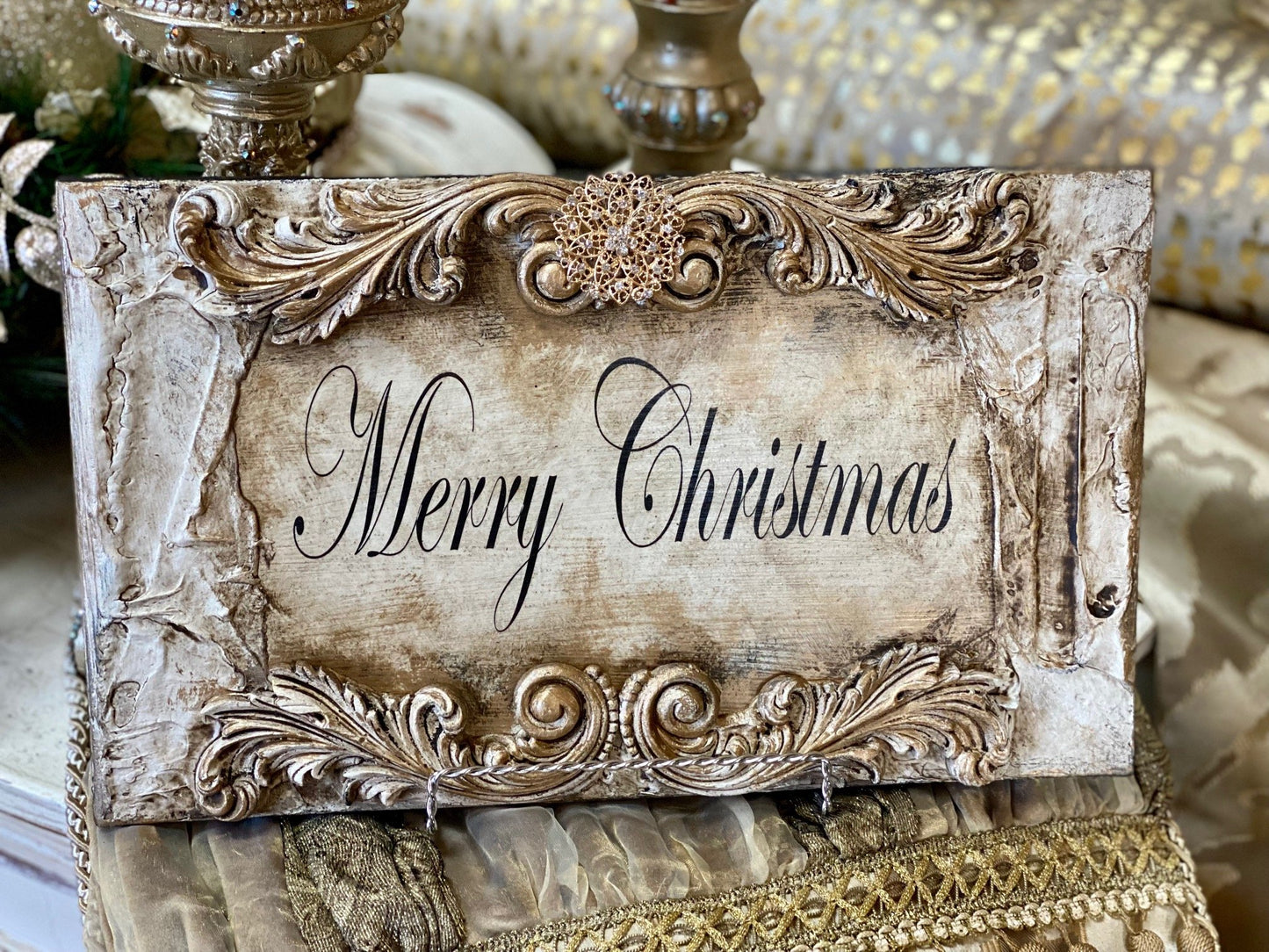Michelle Butler Merry Christmas Plaque Cream And Gold Home Decor