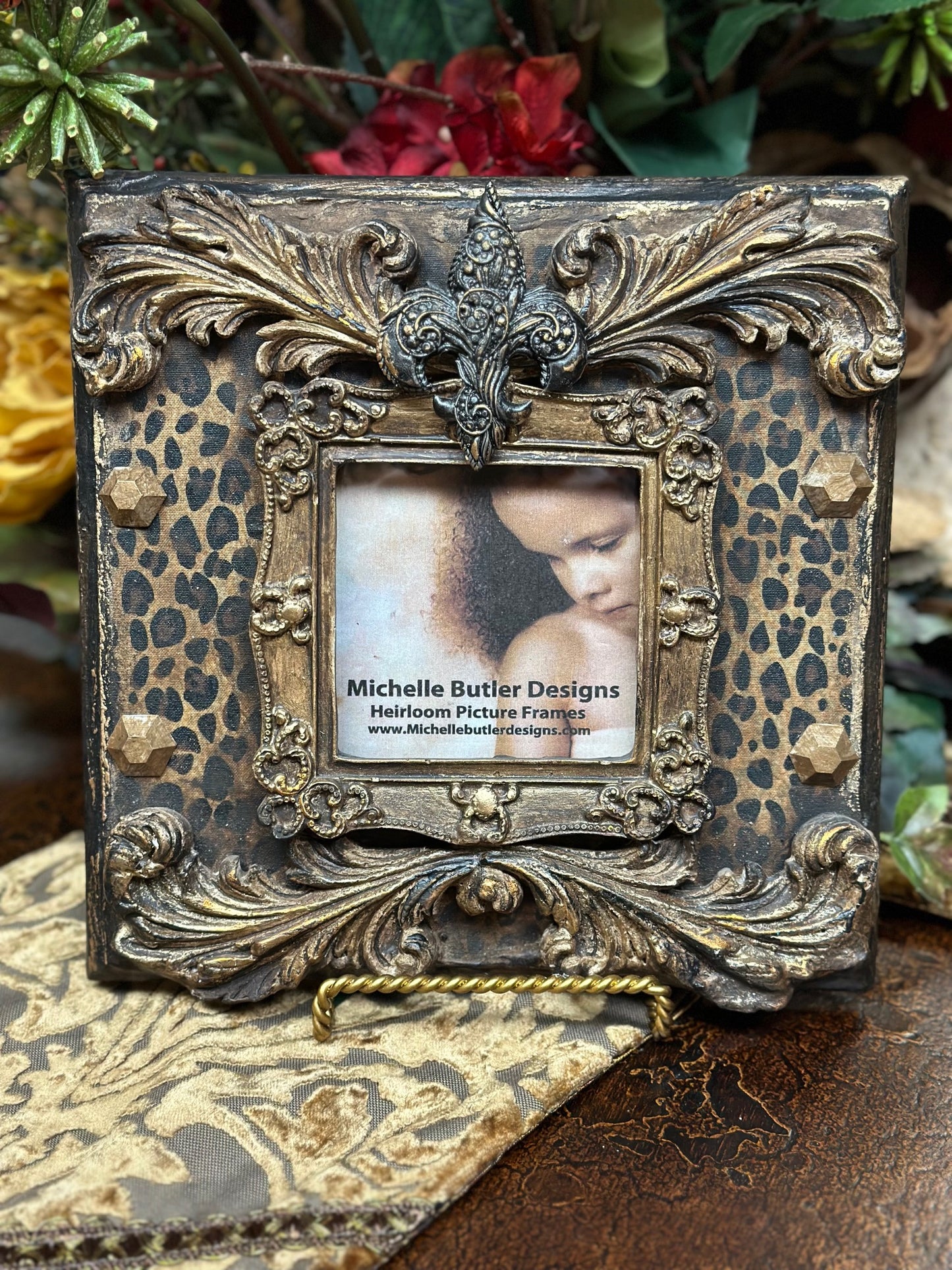 Michelle Butler Heirloom Tabletop Frame with Leopard Print and Fleur de Lis