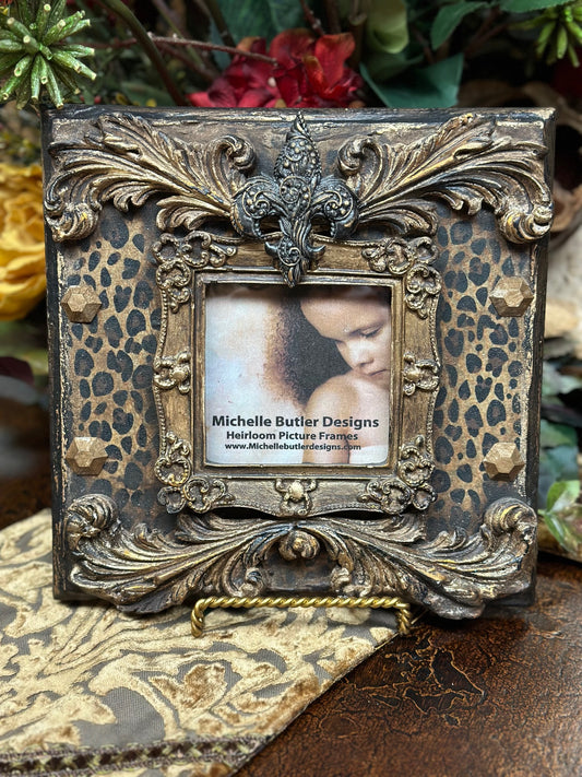 Michelle Butler Heirloom Tabletop Frame with Leopard Print and Fleur de Lis