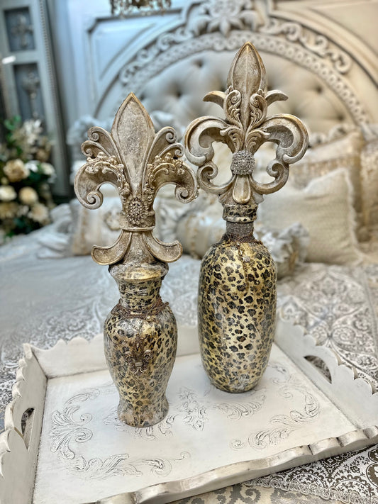Michelle Butler Large Snow Leopard Bottles with Fleur de Lis