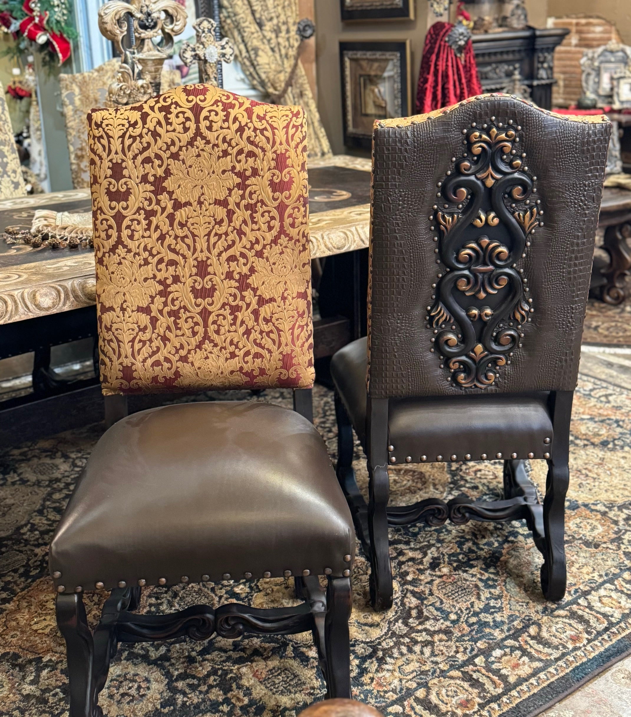 Old World Upholstered Dining Room Chair Burgundy and Gold Damask Print with Carved Detailing on Back
