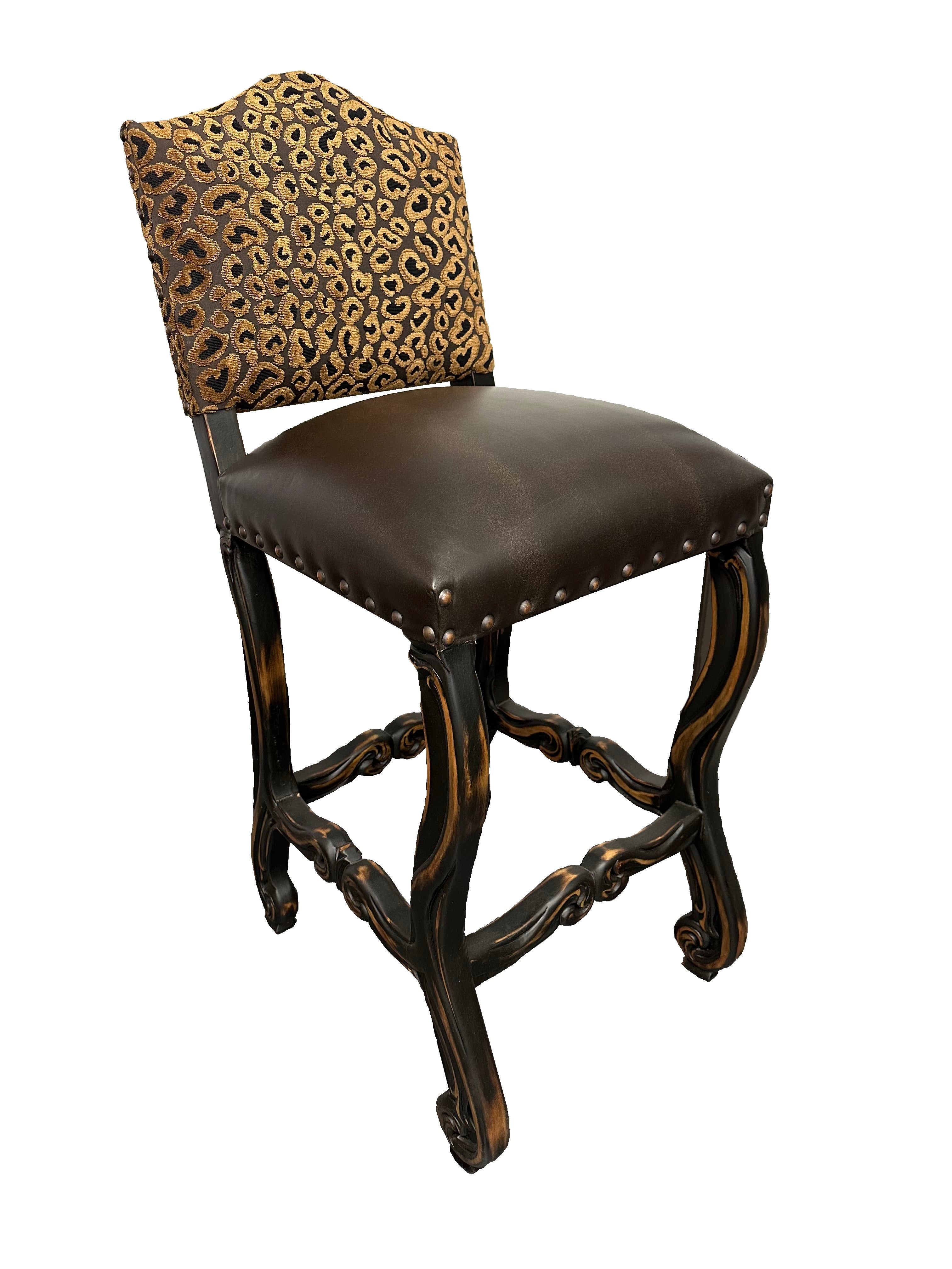 Old World Upholstered Bar Stools Leopard Chenille Print with Carved Back