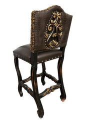Old World Upholstered Bar Stools Leopard Chenille Print with Carved Back