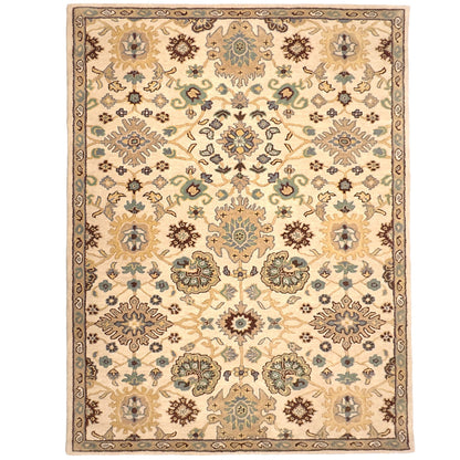 Decorative rug with intricate pattern on a beige background