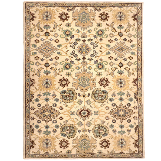Decorative rug with intricate pattern on a beige background