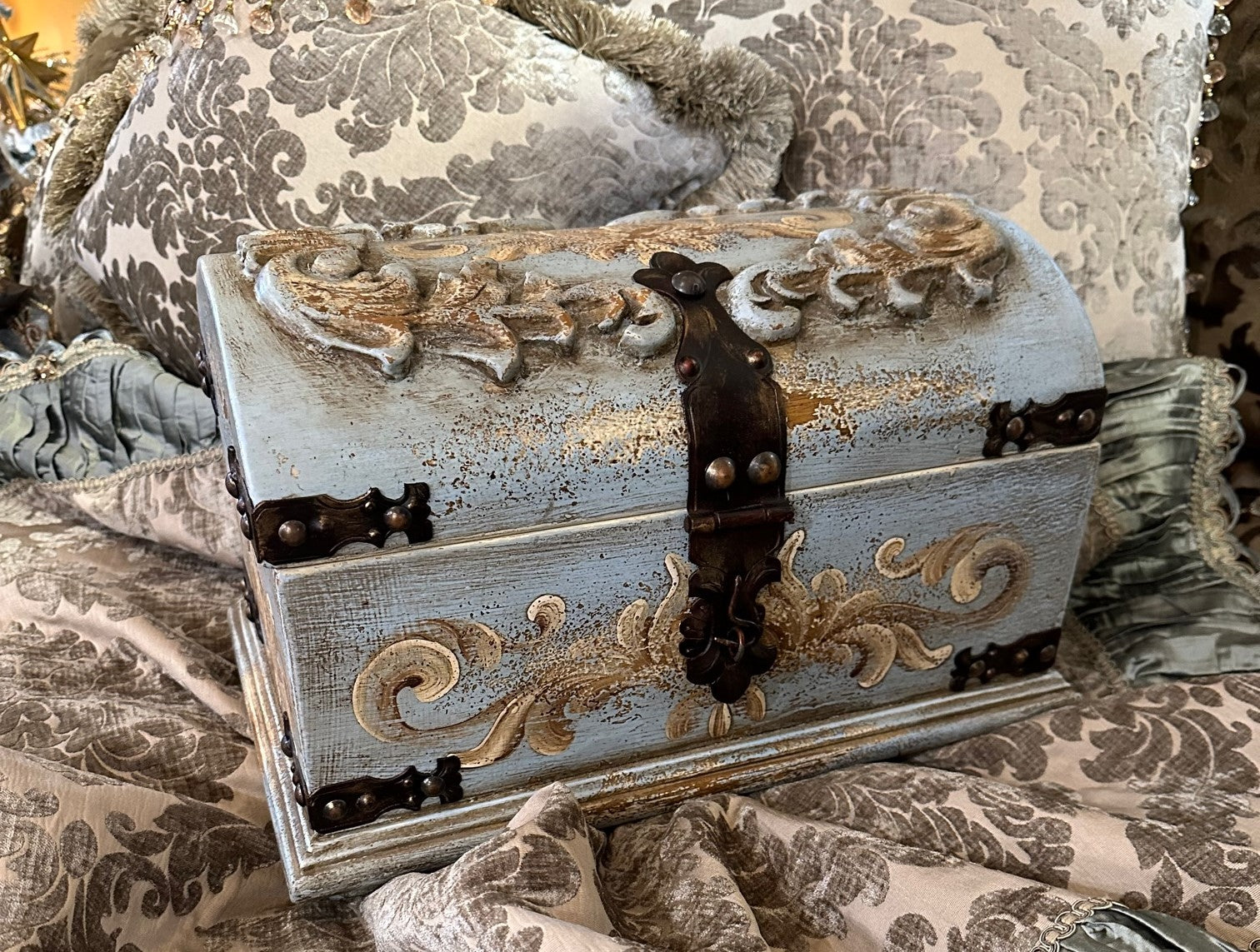 Hand Carved Wood Treasure Chest Box Soft Blue