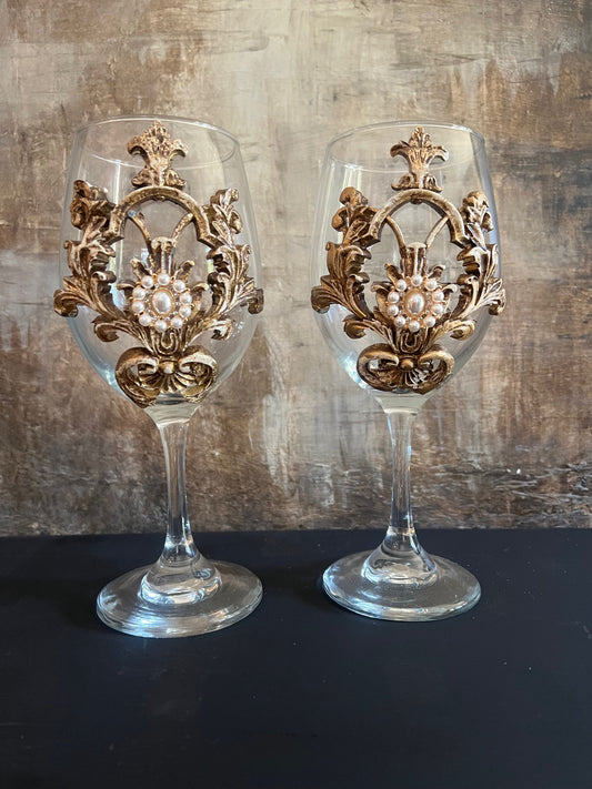Set of 2 Michelle Butler Jeweled Wine Glasses with Scrolls