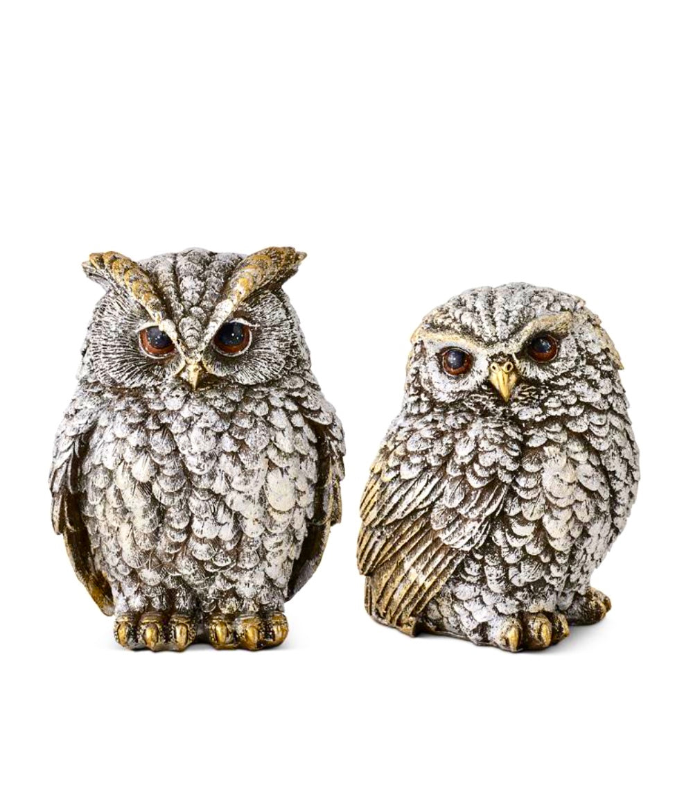 Set of 2 Silver and Gold Metallic Highlighted Resin Owls