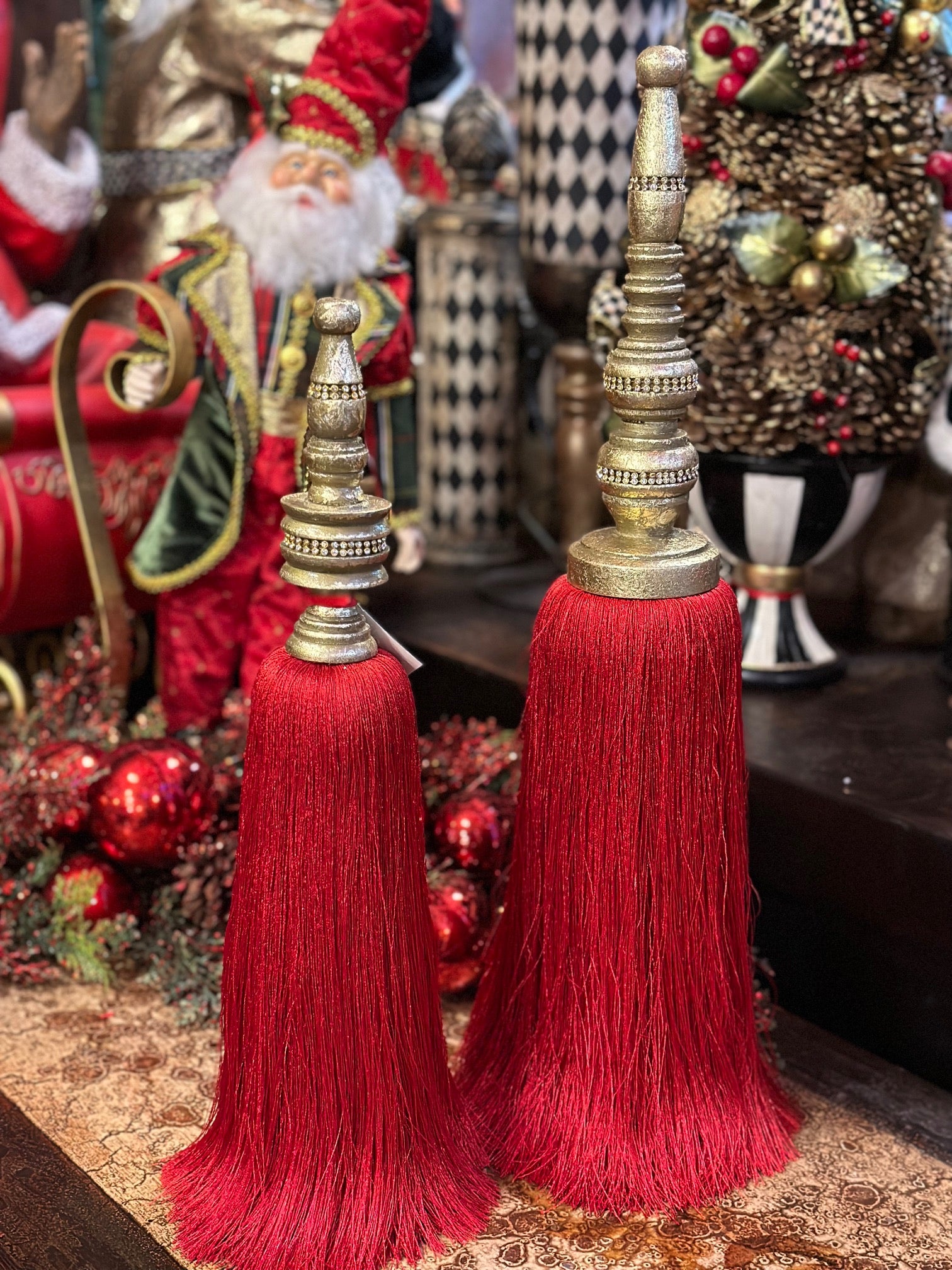 Set of 2 Standing Red Tassel Finials with Bling