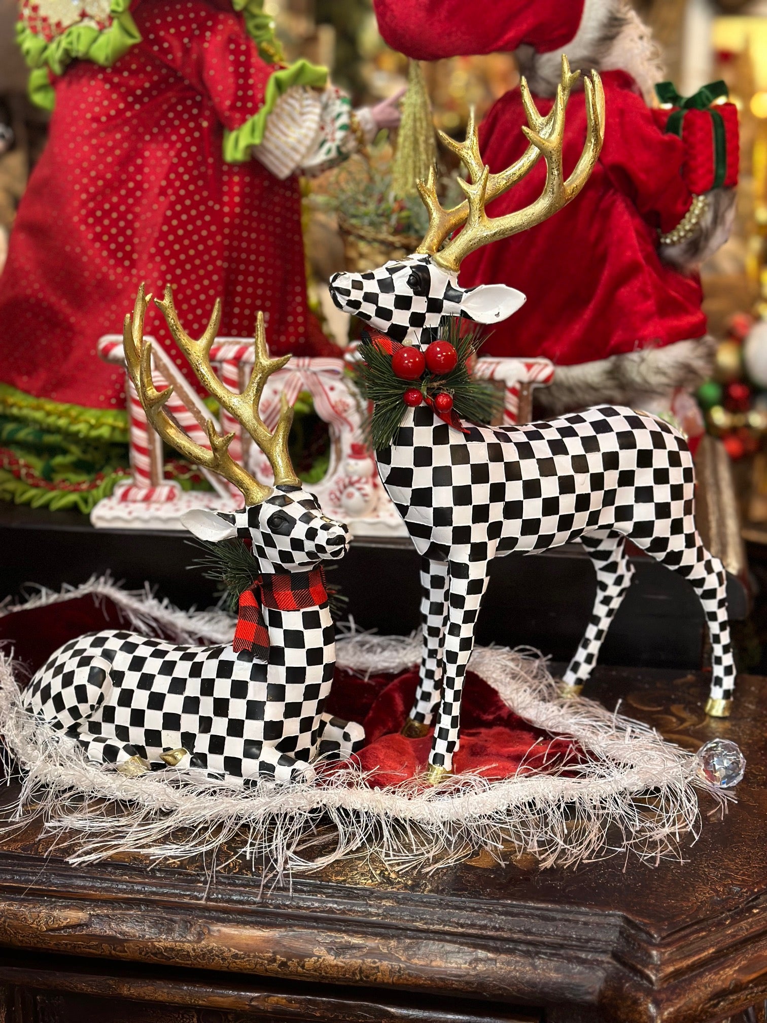 Set of 2 Black and White Checked Deer