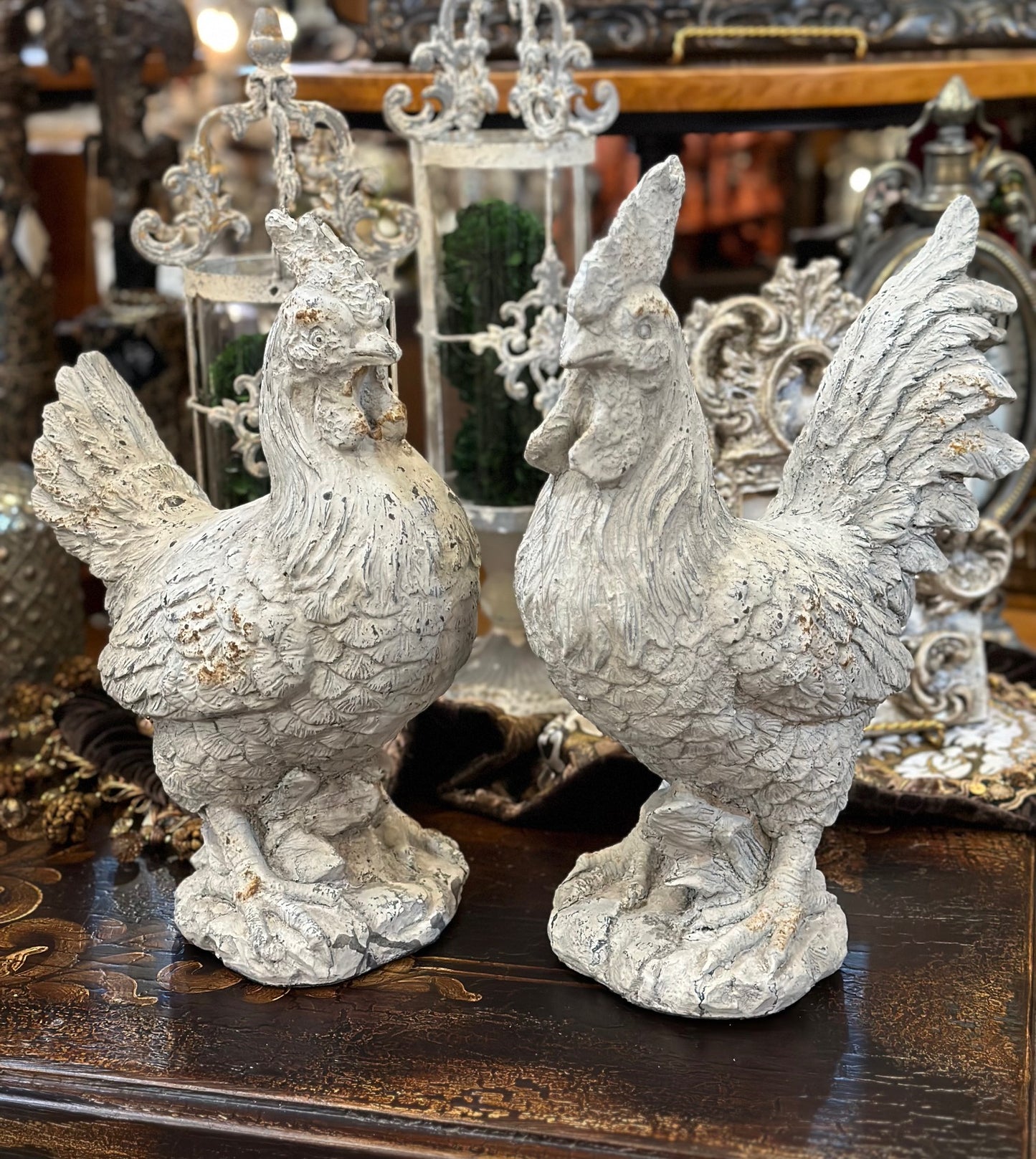 Set of 2 Rooster and Hen Vintage White