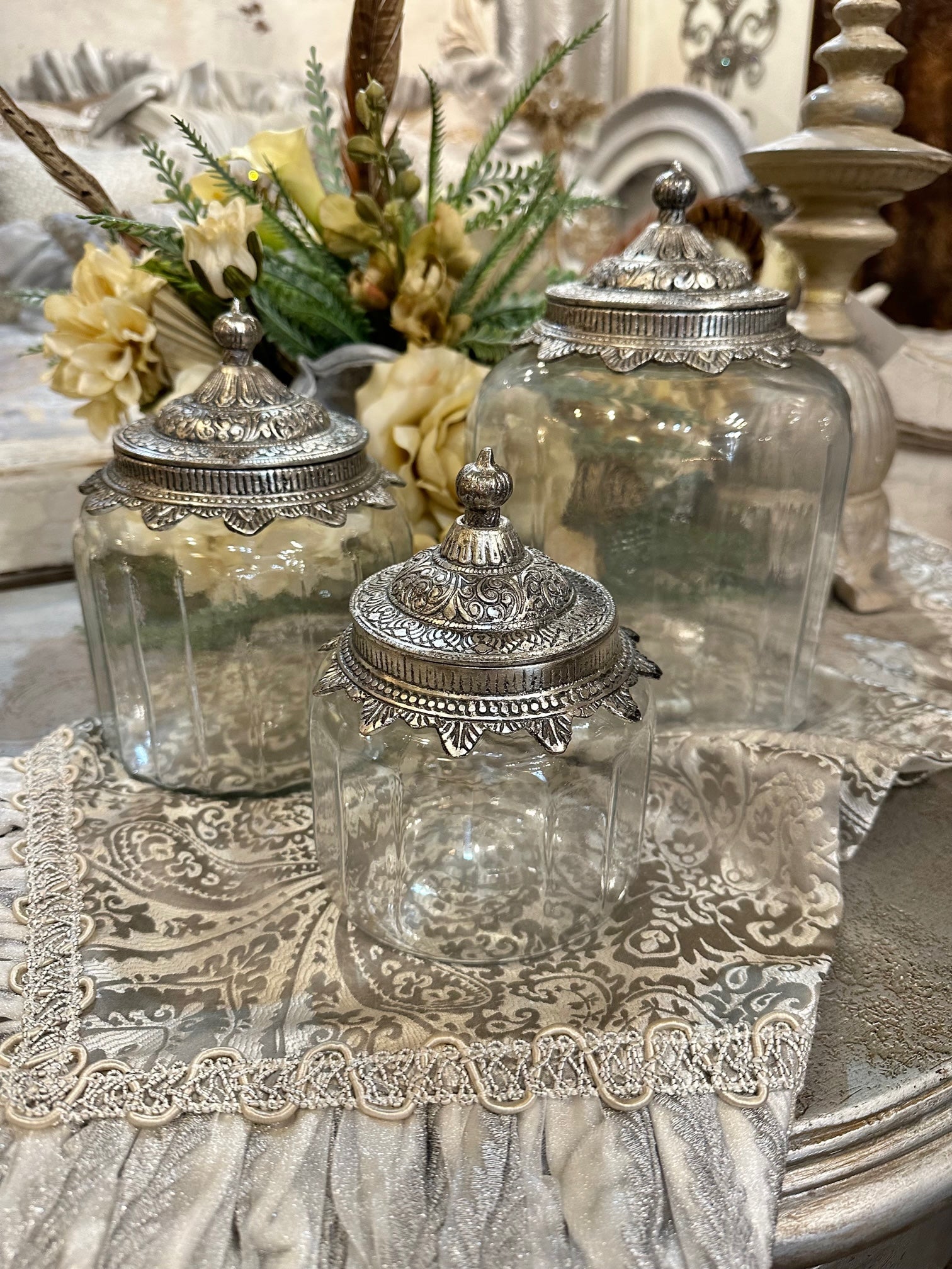 Glass Vanity Canisters with Gold Lids, Mason Jar Bathroom Set (3