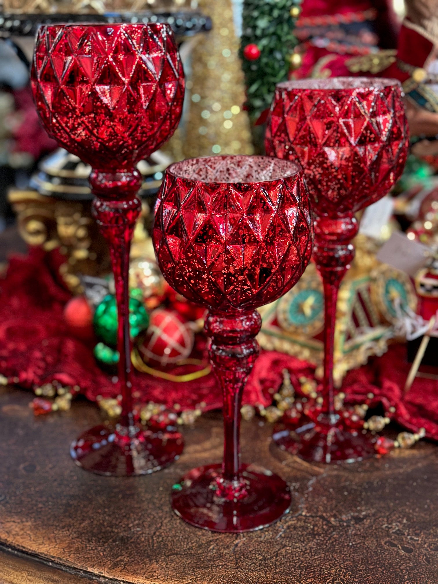 Set of 3 Red Glass Goblets