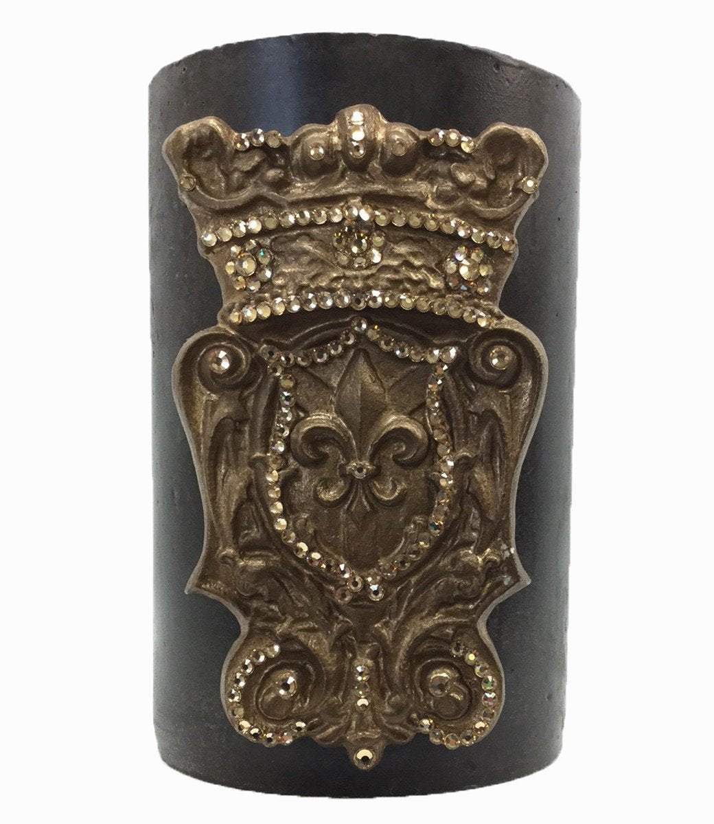 Triple_scented_decorative__brown_candle-roasted_chestnut-6x9-gold_jeweled_fleur_de_lis_shield-sir_olivers-reilly_chance_collection_grande