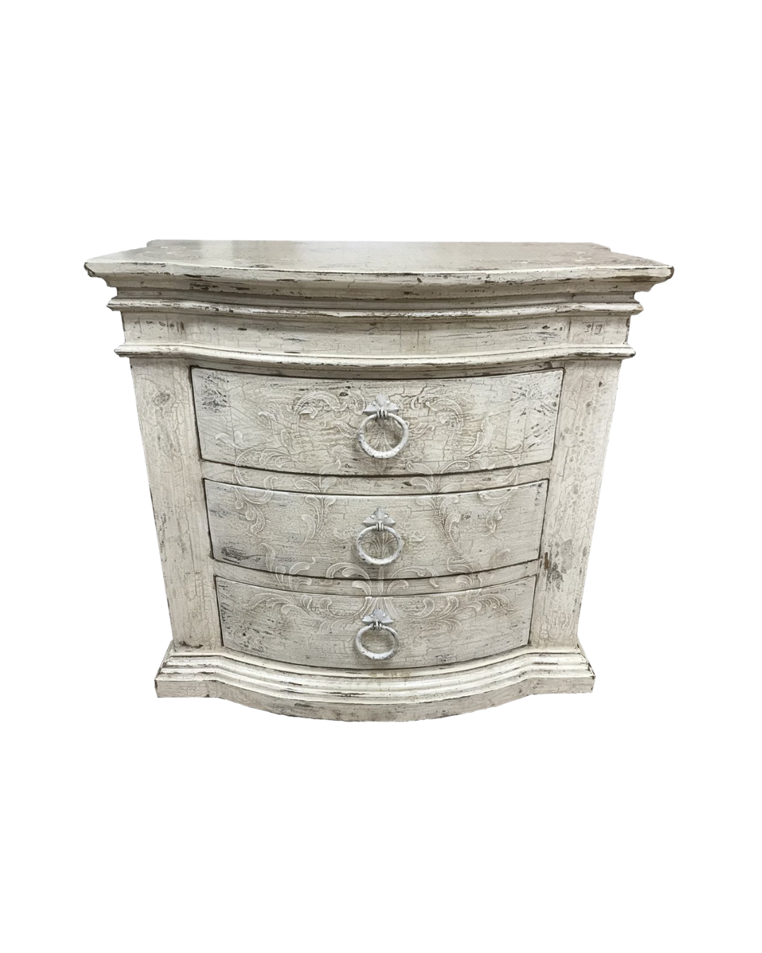 A distressed white wooden chest of drawers with three drawers and round metal ring pulls, shown against a plain white background.