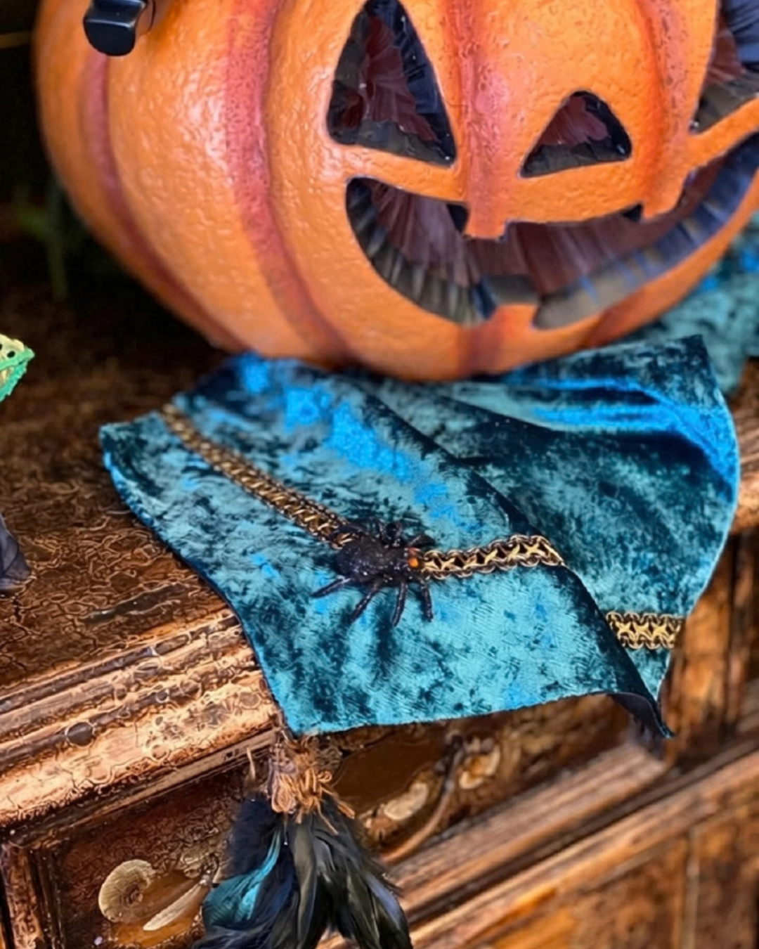 Halloween Turquoise Velvet Table Runner with Spider