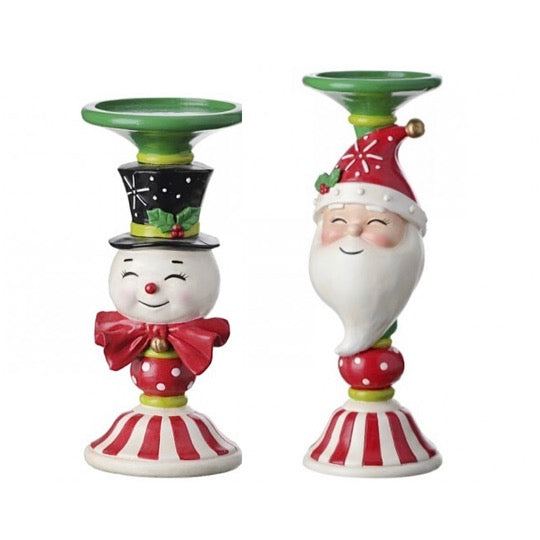 Set of Two Whimsical Santa and Snowman Candle Holders