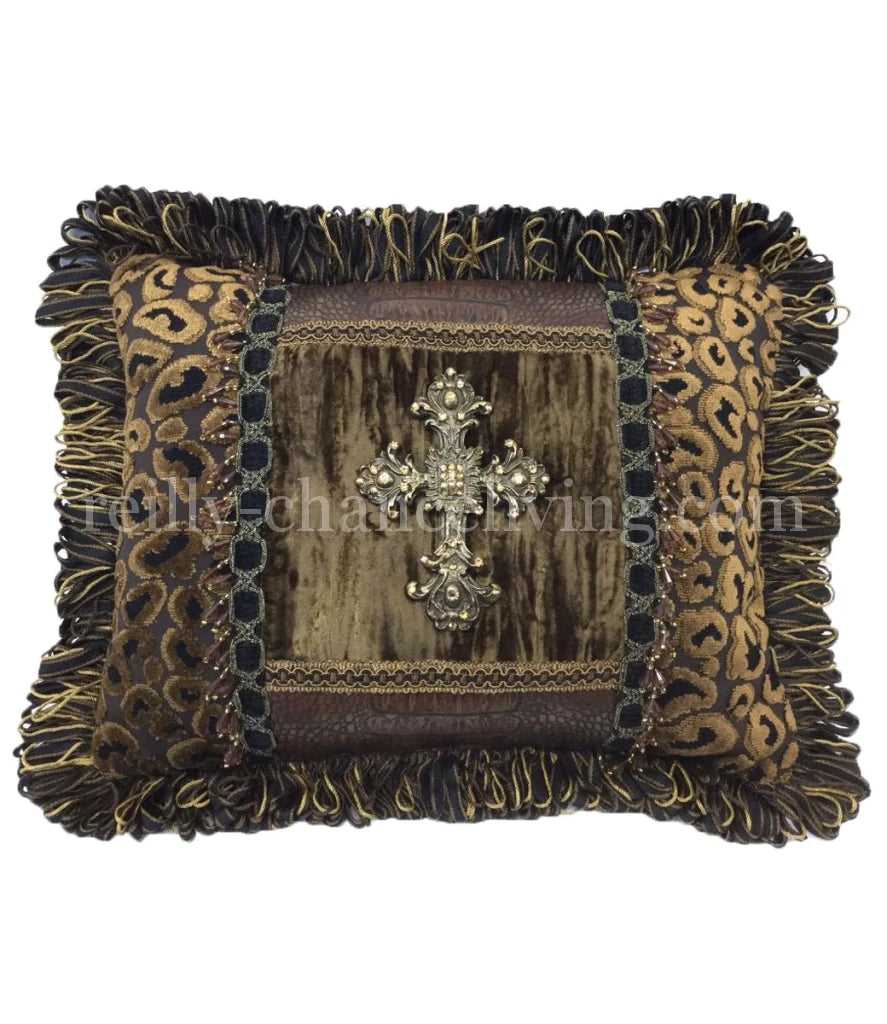 Leopard Accent Pillow with Jeweled Cross 14x18