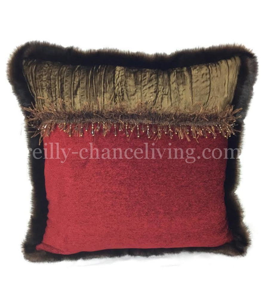 Accent Pillow Red Chenille With Brown Velvet 17X17