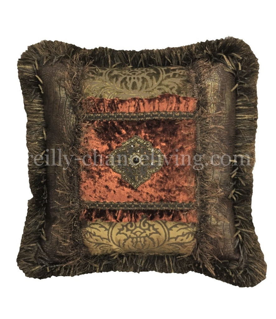 Old World Decorative Accent Pillow Faux Croc And Rust Velvet 18X18